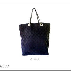 GUCCI GG CANVAS BUCKET TOTE BLACK ON BLACK w/ GOLD